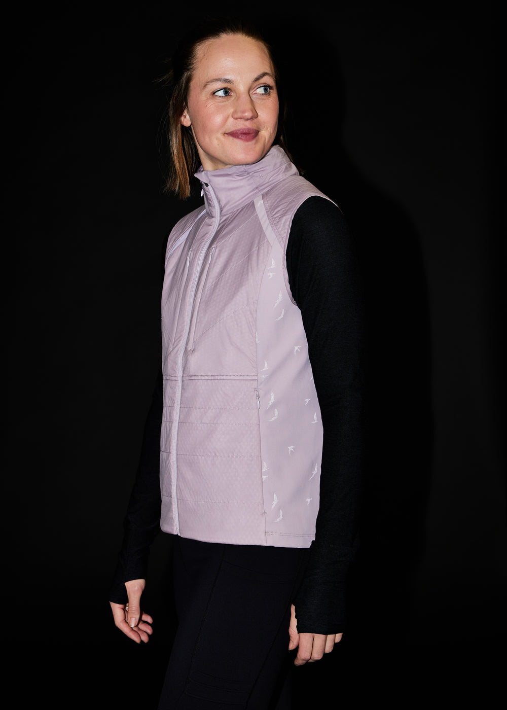 Firecracker Insulated Running Vest in Lavender purple,  reflective side view
