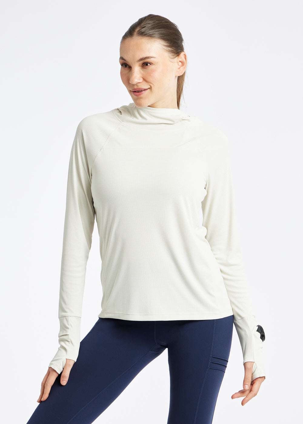 Flyout Chill UPF 50 lightweight running Hoodie in Ivory, front view