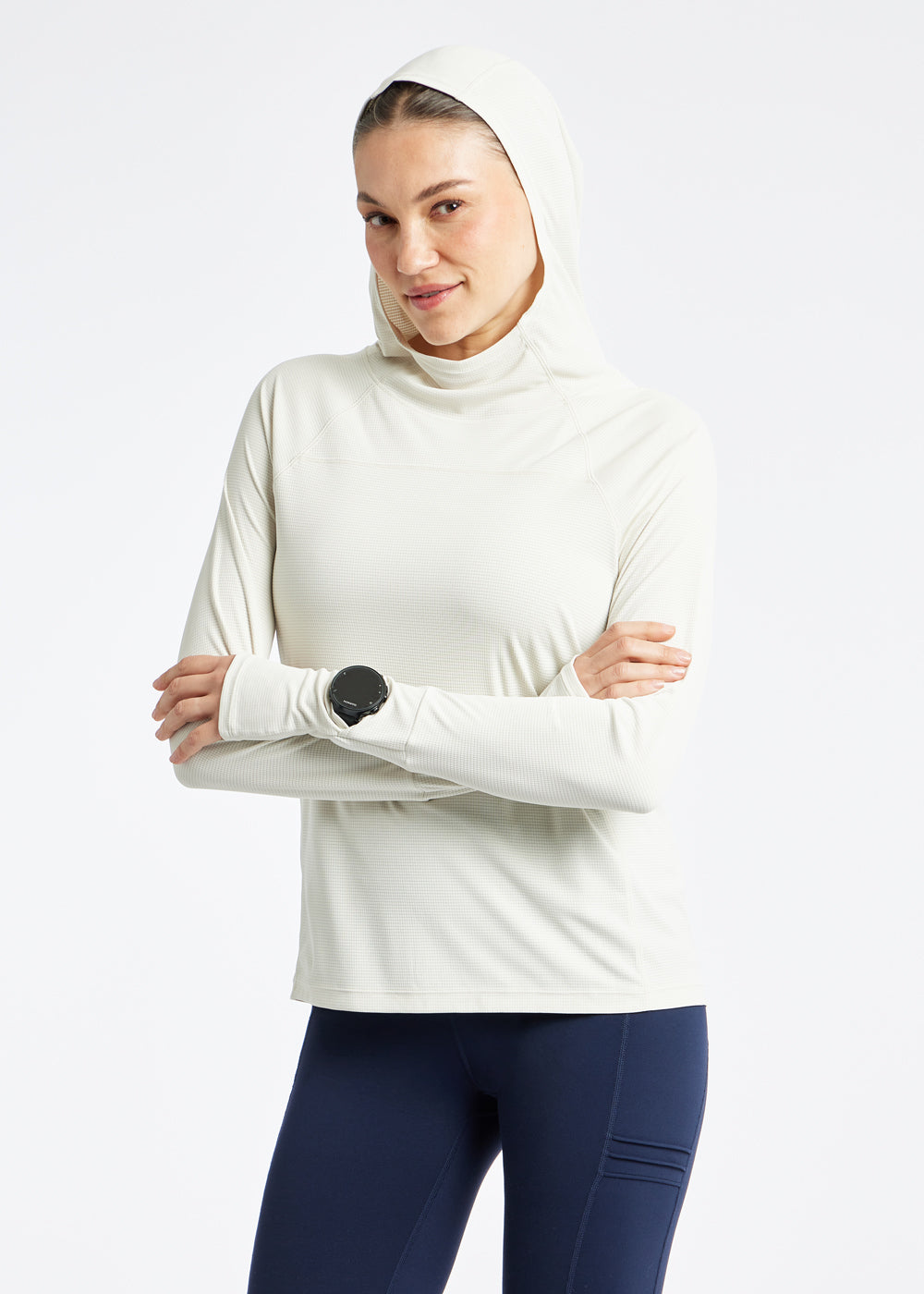 Flyout Chill UPF 50 Hoodie in Ivory, front hood view