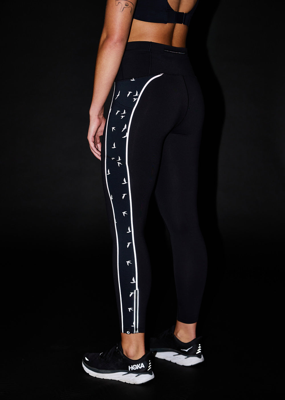 Glow Reflective Running Tights, Black, back view with reflective accents