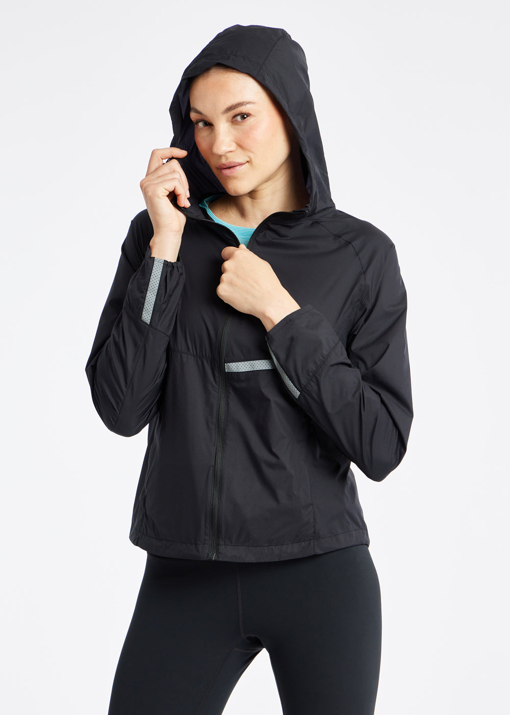 Vim Packable Running Jacket in Black, hood detail view