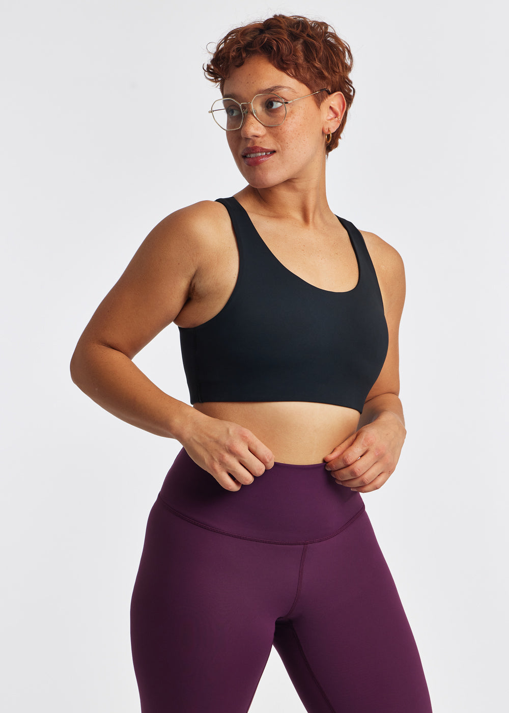 Squared Up Open Back Sports Bra in Black, front