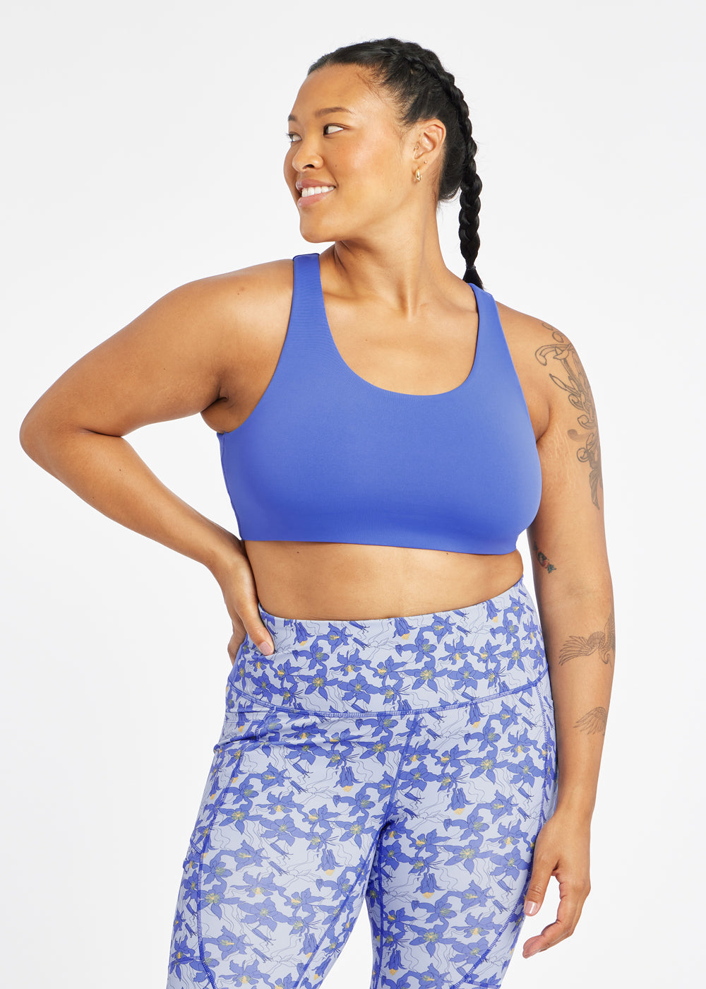 Squared Up Open Back Sports Bra in Blue Rapids, front view