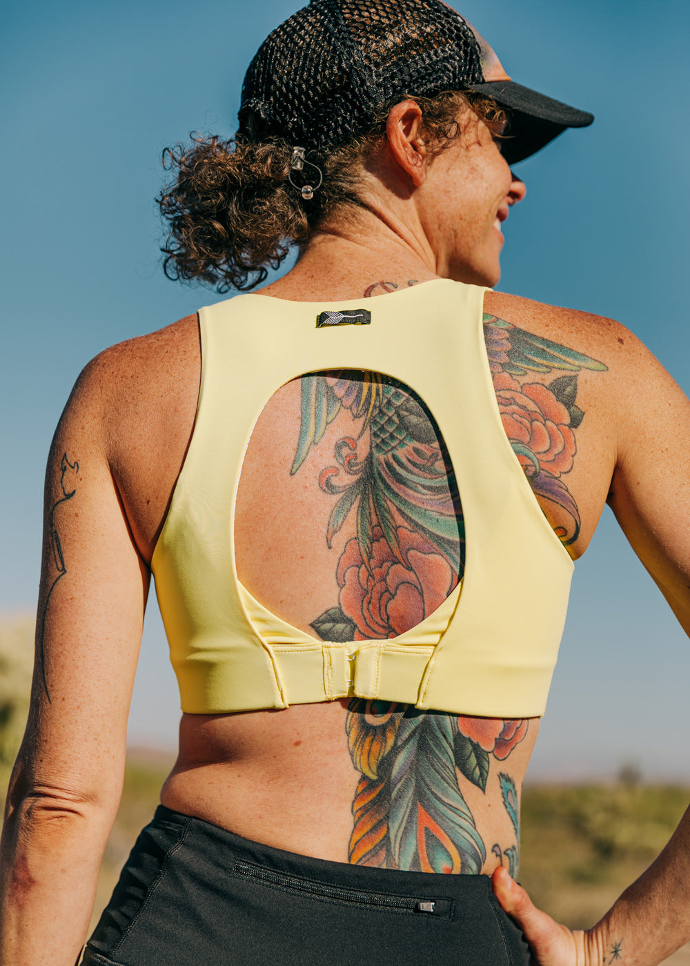 Squared Up Open Back Sports Bra in Rise Light Yellow, back detail view